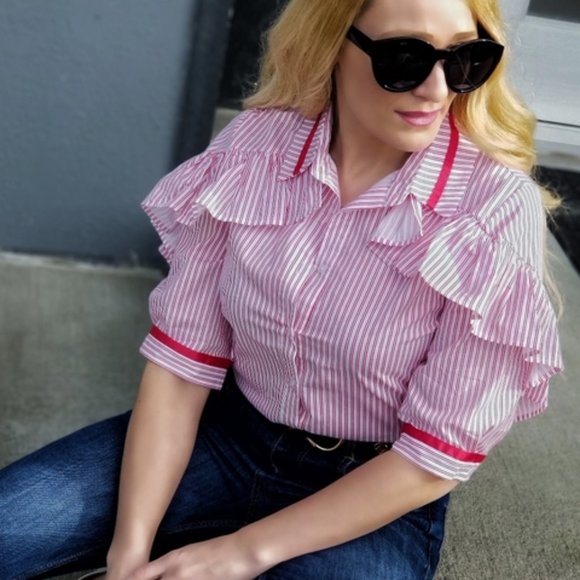 Stripes & Ruffles Button Down Top - Picture 1 of 3